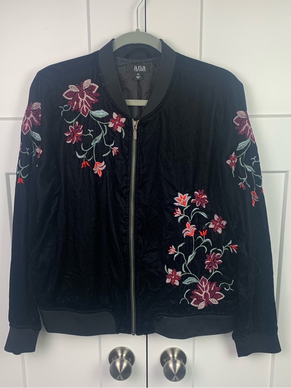 a.n.a A New Approach Black Velvet Bomber Jacket XL Embroidered Zip Whimseygoth